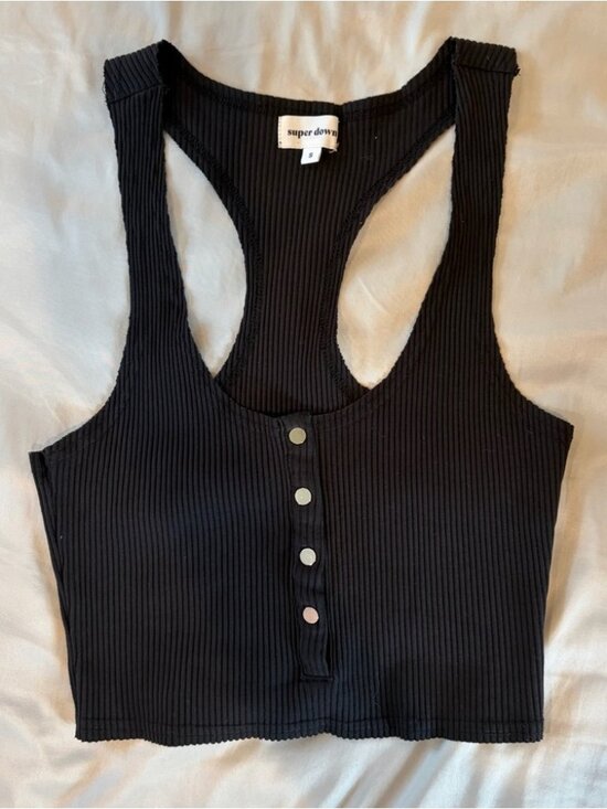 Tops - Black Ribbed Button-Front Racerback Crop Top